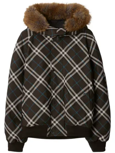 Burberry Faux Fur-trim Checkered Bomber Jacket In Snug