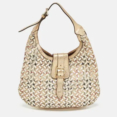 Pre-owned Burberry Gold/beige Haymarket Check Pvc And Leather Woven Brooke Hobo