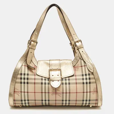 Pre-owned Burberry Gold/beige Haymarket Check Pvc Ashbury Shoulder Bag