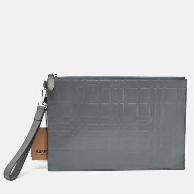 Pre-owned Burberry Grey Check Embossed Leather Edin Zip Pouch