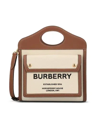 Burberry Two-tone Canvas And Leather Pocket Handbag In Natural/malt Brown