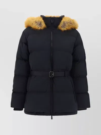 Burberry Hooded Belted Puffer Jacket With Faux Fur In Black