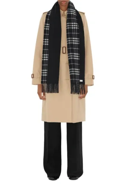 Burberry Icon Check Fringe Reversible Cashmere Scarf In Black