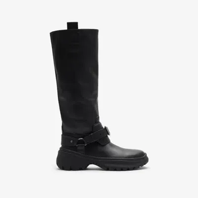 Burberry Leather Buckled Tall Boots In Black