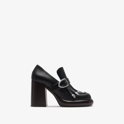 Burberry Leather Wedge Fringe Heeled Loafers In Black