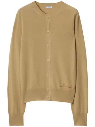 Burberry Logo-embroidered Cashmere Cardigan In Flax