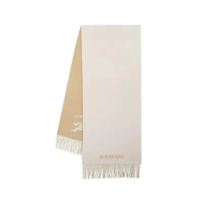 Burberry Logo Embroidered Fringed Scarf In Beige