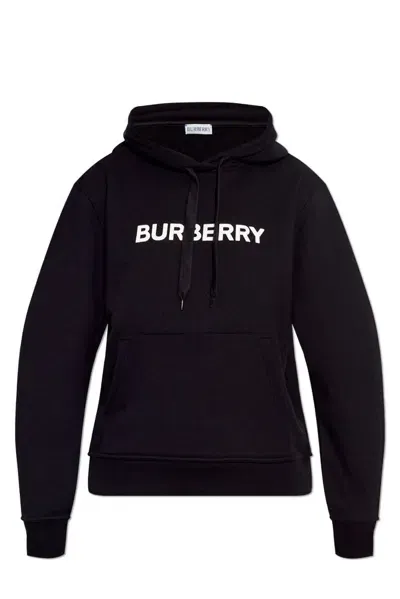 Burberry Logo Printed Drawstring Hoodie In Black