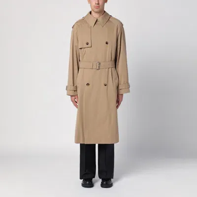 Burberry Long Beige Gabardine Trench Coat In Brown