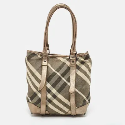 Pre-owned Burberry Metallic Beat Check Shimmer Canvas And Leather Snap Tote