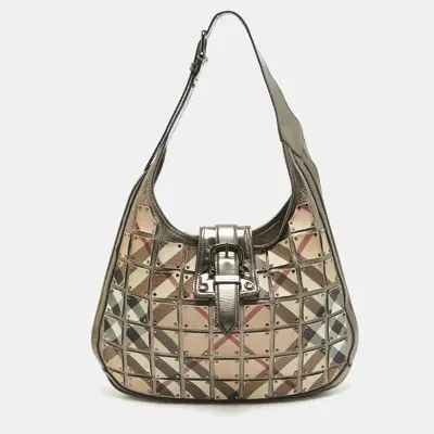 Pre-owned Burberry Metallic/beige Nova Check Canvas And Leather Studded Brooke Warrior Hobo