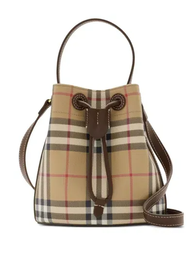 Burberry Checked Mini Drawstring Bucket Bag In Beige