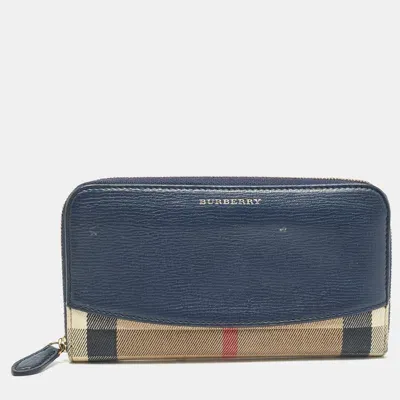 Pre-owned Burberry Navy Blue/beige House Check Canvas And Leather Zip Continental Wallet