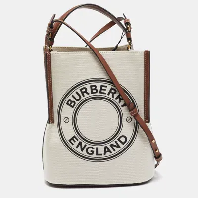 Pre-owned Burberry Off White/brown Canvas And Leather Small Peggy Bucket Bag