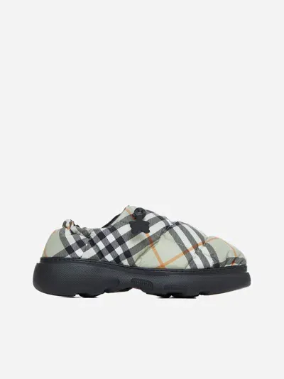 Burberry Check Nylon Blend Pillow Mules In Light Sage