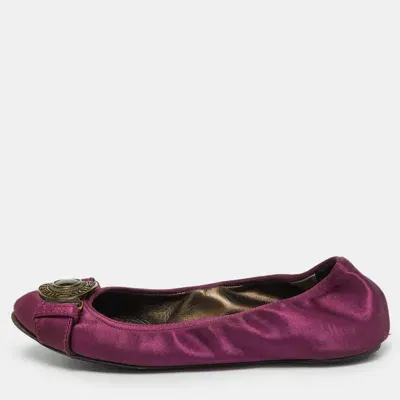 Pre-owned Burberry Purple Satin Buckle Logo Scrunch Ballet Flats Size 37