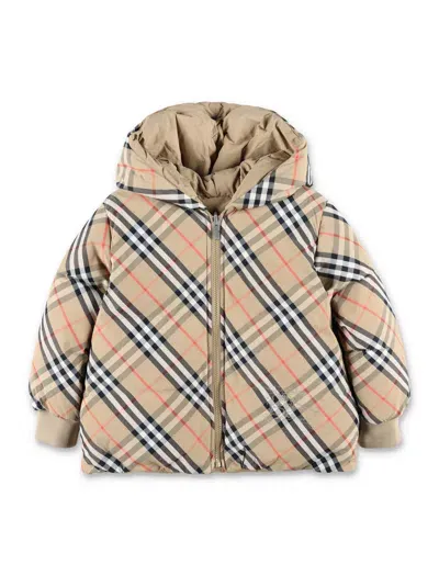 Burberry Kids' Reversible Check Nylon Puffer Jacket In Sand Ip Check