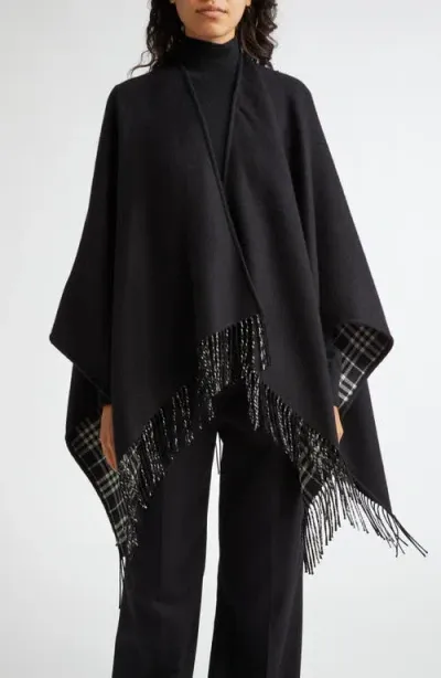 Burberry Reversible Open Front Wool Cape In Black/calico Ip Chk