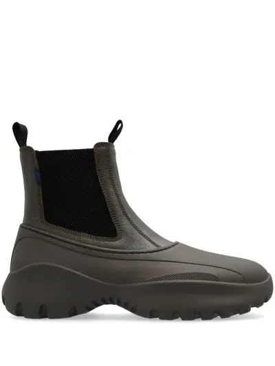 Burberry Khaki Leather Scoot Chelsea Boots In Grün