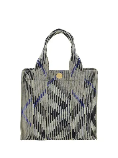 Burberry Mini Check Knitted Tote Bag In Lichen