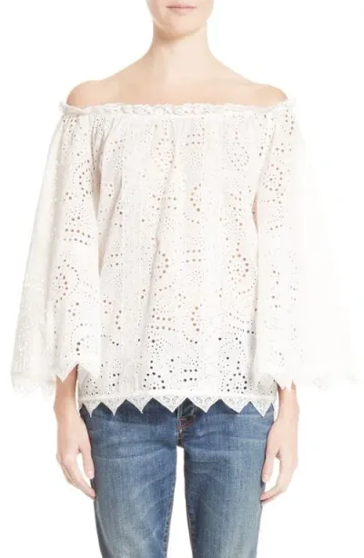 Burberry Thistle Eyelet Lace Off The Shoulder Blouse In White