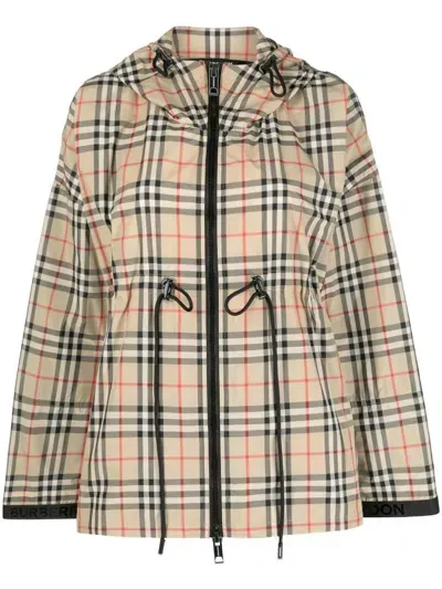 Burberry Plaid-check Hooded Jacket In Beige