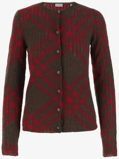 Burberry Wool Blend Cardigan With Check Pattern In Red