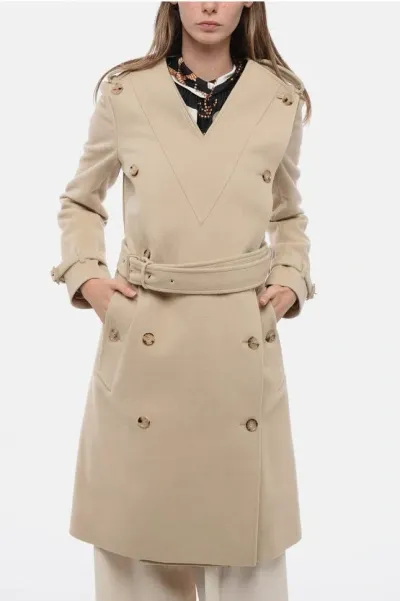 Burberry Wool Double-brested Coat With V Neckline In Brown