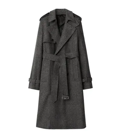 Burberry Wool Long Trench Coat In Grey Melange