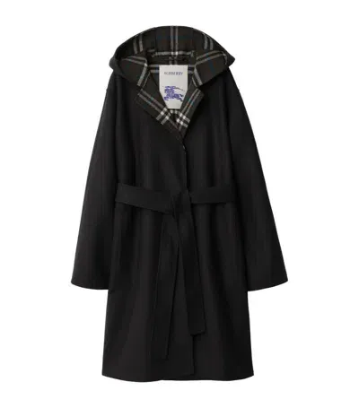 Burberry Wool Reversible Hooded Coat In Black