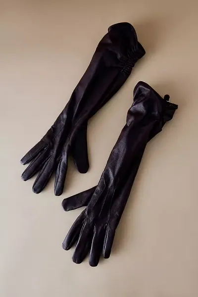 By Anthropologie Long Ruched Leather Gloves In Brown