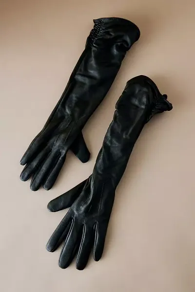 By Anthropologie Long Ruched Leather Gloves In Green