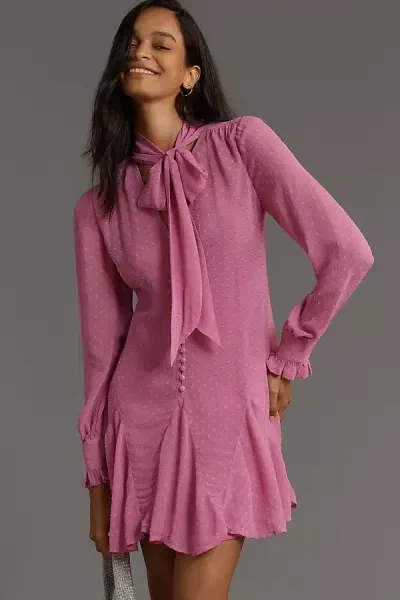 By Anthropologie Long-sleeve Tie-neck Swing Mini Dress In Pink