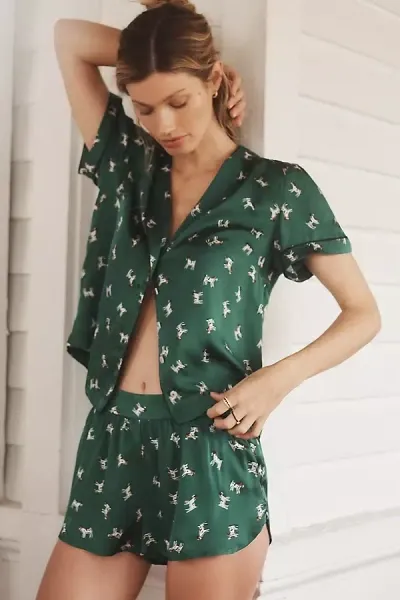 By Anthropologie Silky Patterned Pajama Shorts In Green