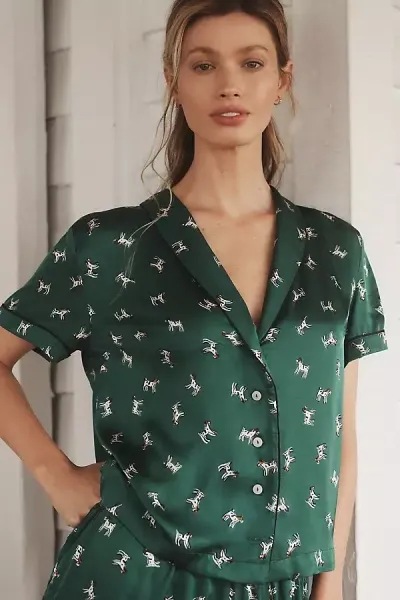 By Anthropologie Silky Patterned Pajama Top In Green