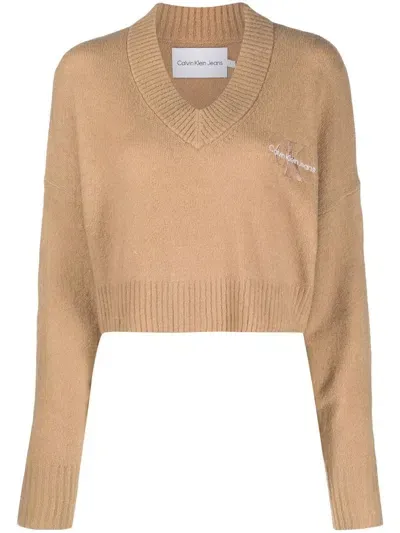 Calvin Klein Jeans Est.1978 Cropped V-neck Knit Jumper In Neutrals