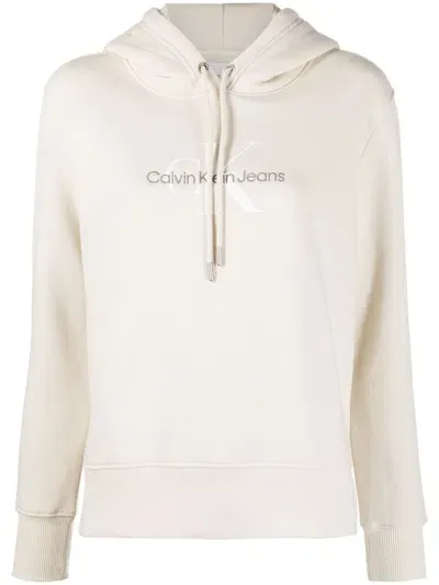 Calvin Klein Logo-embroidered Drawstring Hoodie In Eggshell