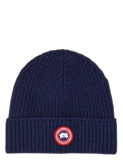 Canada Goose Logo Patch Knit Beanie In Navy