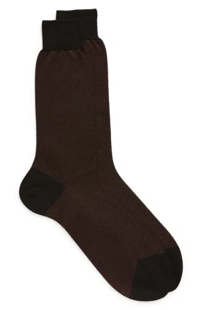 Canali Herringbone Cotton Dress Socks In Brown