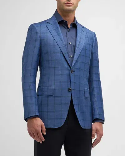 Canali Men's 130s Luxury Wool Windowpane Sport Coat In Lt Blue