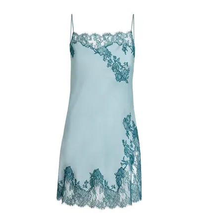 Carine Gilson Silk Lace-trim Nightdress In Blue