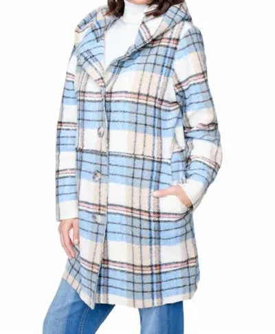 Carre Noir Checkered Hooded Coat In Blue/cream/pink In Camel Fabric