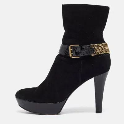 Pre-owned Casadei Black Suede Buckle Chain Embellished Platform Ankle Boots Size 38