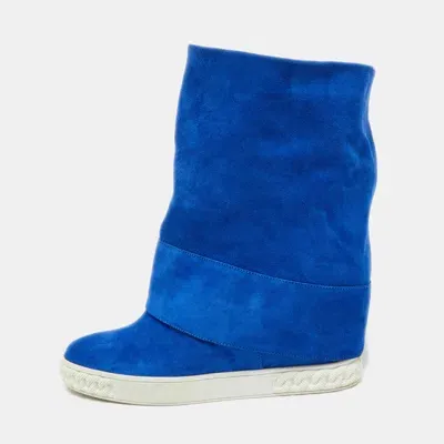 Pre-owned Casadei Blue Suede Wedge Mid Calf Boots Size 40