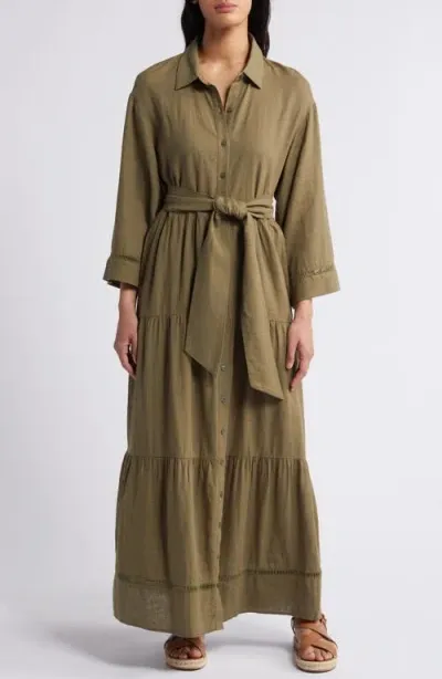 Caslonr Caslon(r) Belted Long Sleeve Linen Blend Maxi Shirtdress In Olive Burnt