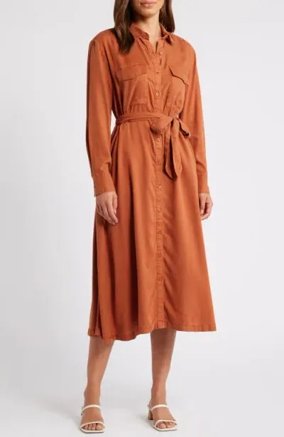 Caslonr Caslon(r) Long Sleeve Midi Shirtdress In Rust Gingersnap