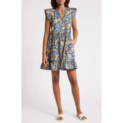 Caslonr Caslon(r) Print Ruffle Shoulder Minidress In Blue- Yellow Floral