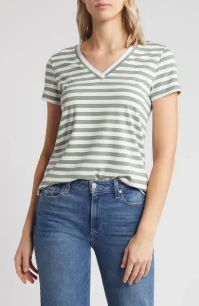 Caslonr Caslon(r) Stretch Cotton Blend V-neck T-shirt In Green Dune- White Charm Stripe