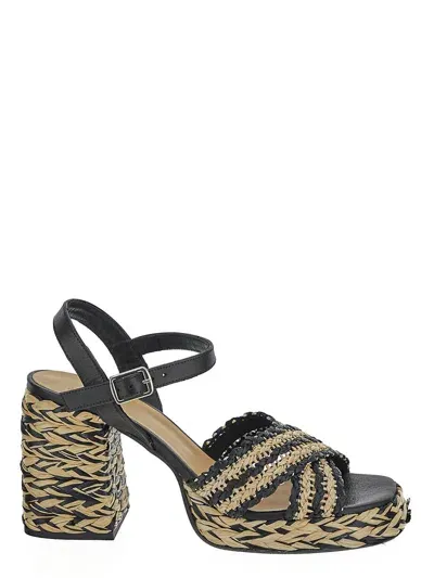 Castaã±er Raffia Sandal With Strap And Square Toe In Black