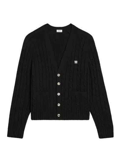 Celine Cashmere Triomphe Woven Cardigan In Black